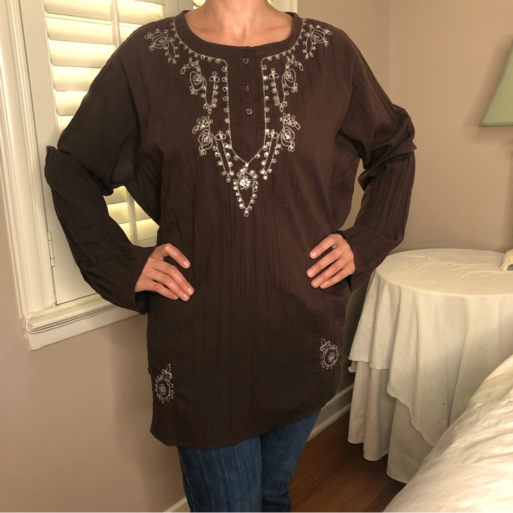 4 LEFT S-XL Mocha & Silver Boho Chic Beaded Bling Embroidered Tunic Top